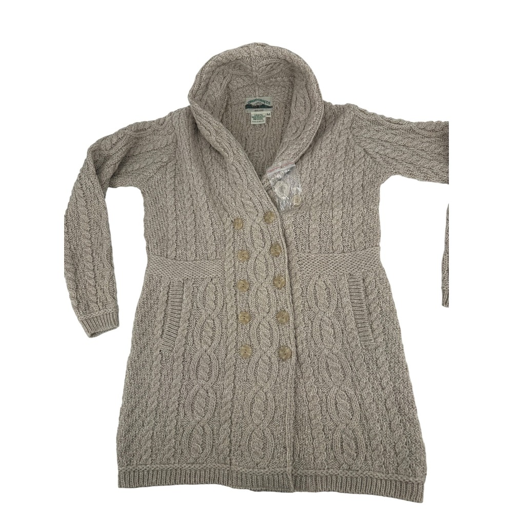 Aran Crafts Merino Wool Cardigan Sweater Women Medium Beige Cable Knit Irish